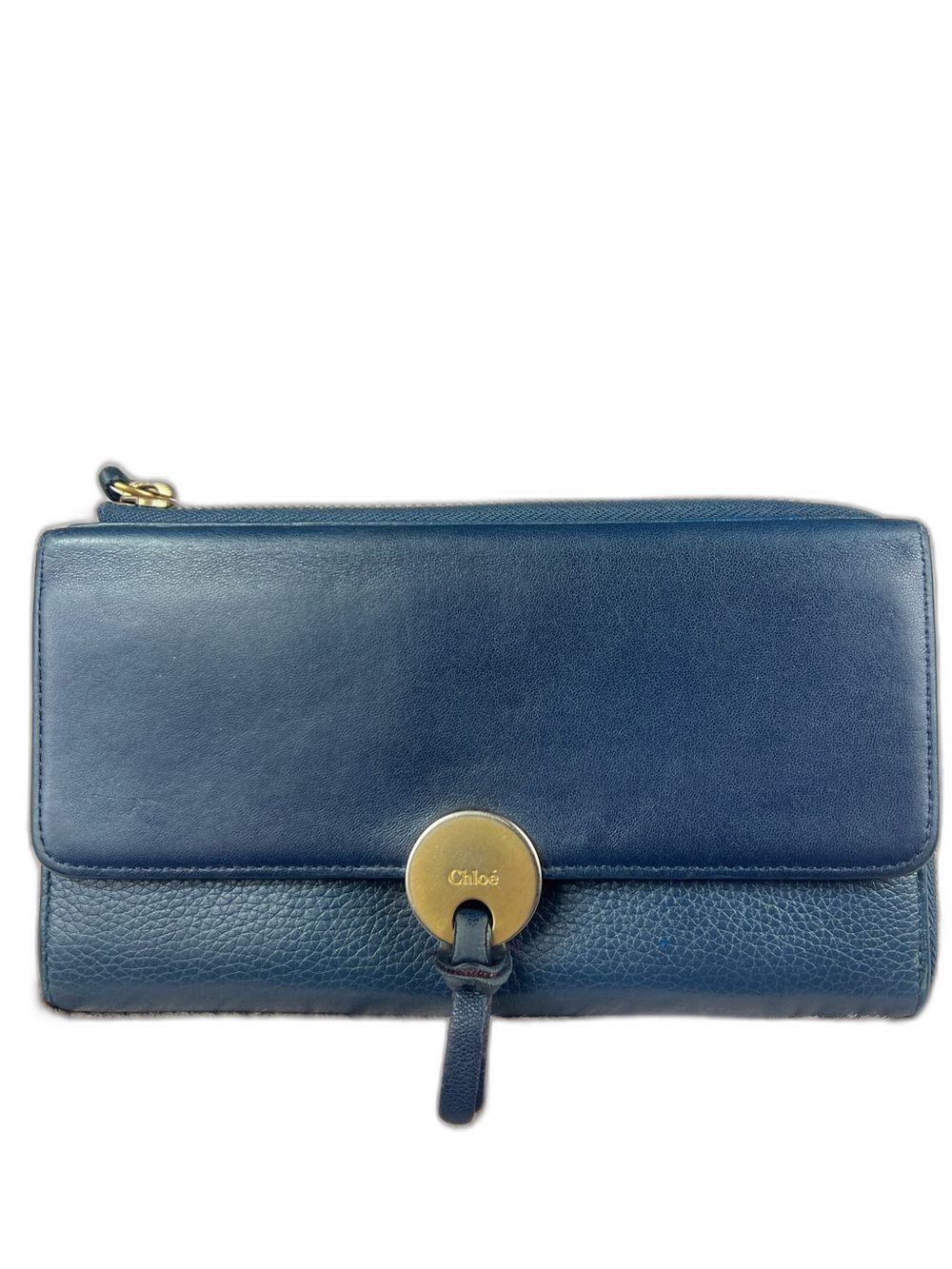 Chloé Long L-Zip Wallet Navy Blue Leather Gold Hardware 01-16-74-65